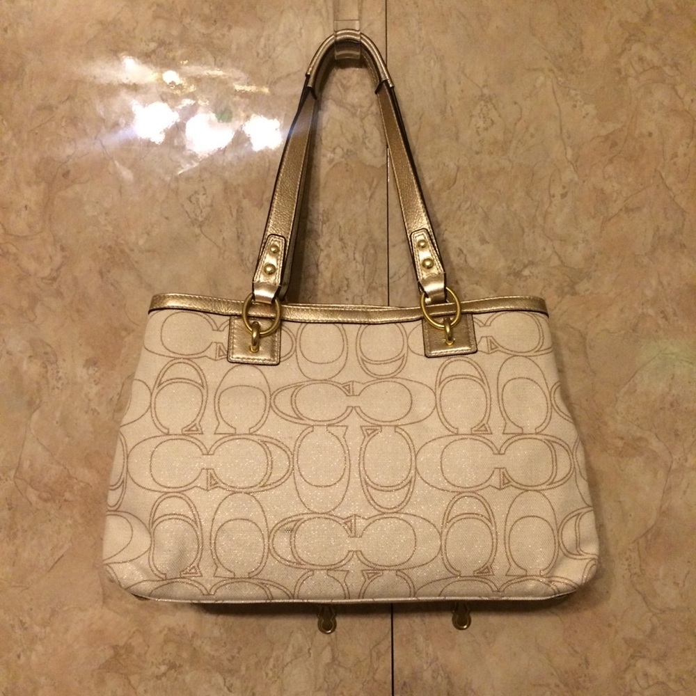 Coach Monogram Penelope Handbag Satchel Gold Leather Ivory Linen Signature C - Picture 3 of 16
